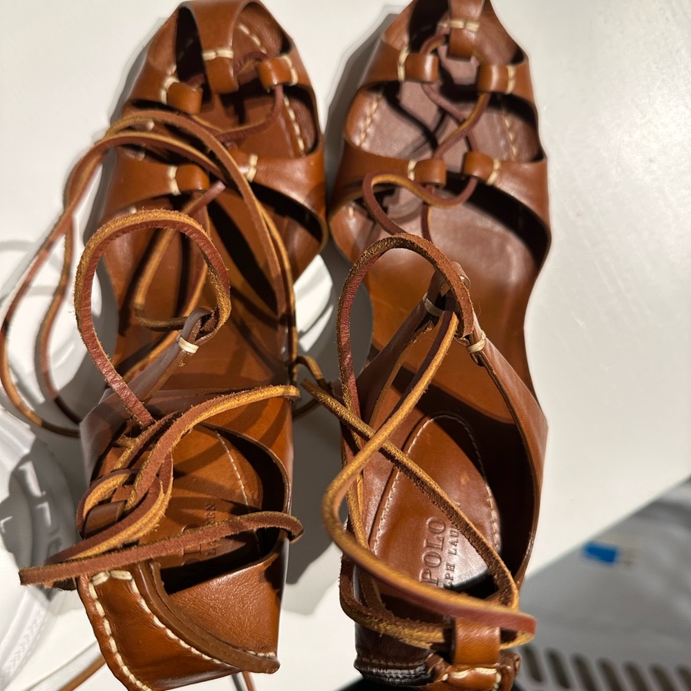 Polo Ralph Lauren CUOIO Women's Vachetta Leather Ankle-wrap Sandal, US 8.5 B